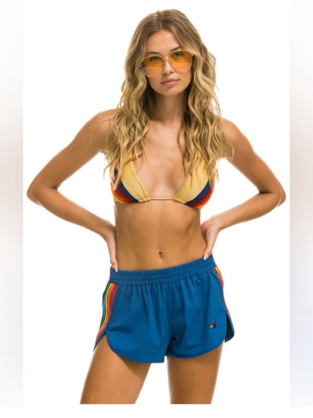 Aviator Nation WOMEN'S 5 STRIPE FLEX BOARD SHORTS - DEEP OCEAN // RAINBOW. Sz M.